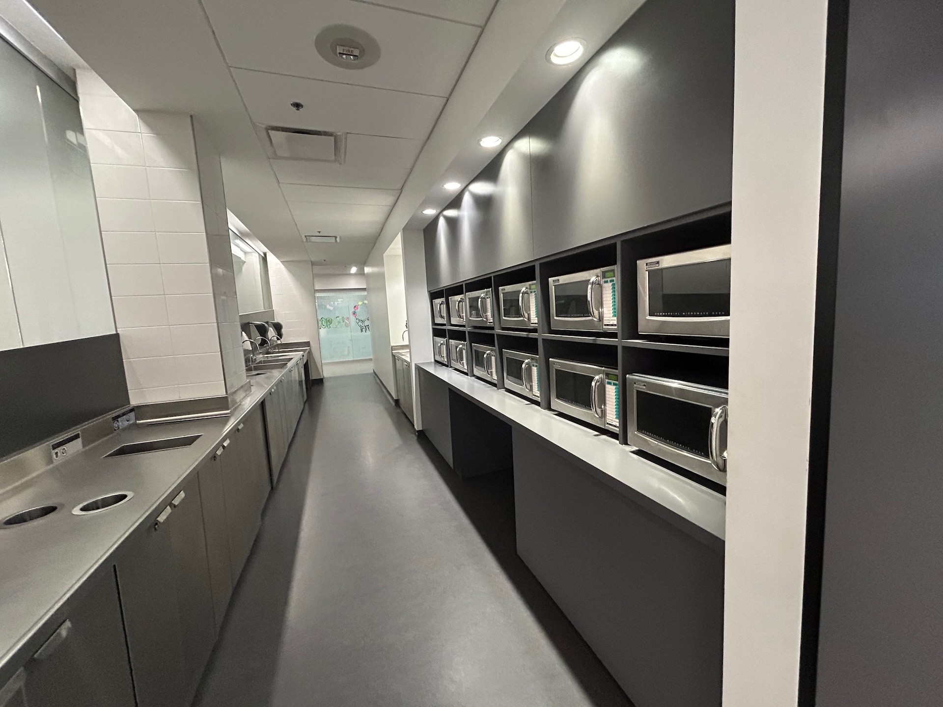 Large kitchen with 12 microwaves in Hall Building 705