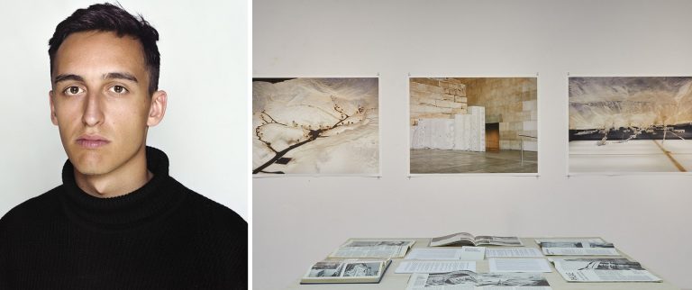 Diptych image of an unsmiling young man with short hair and a black turtleneck sweater on the left, and a series of artworks in muted tones on the right.